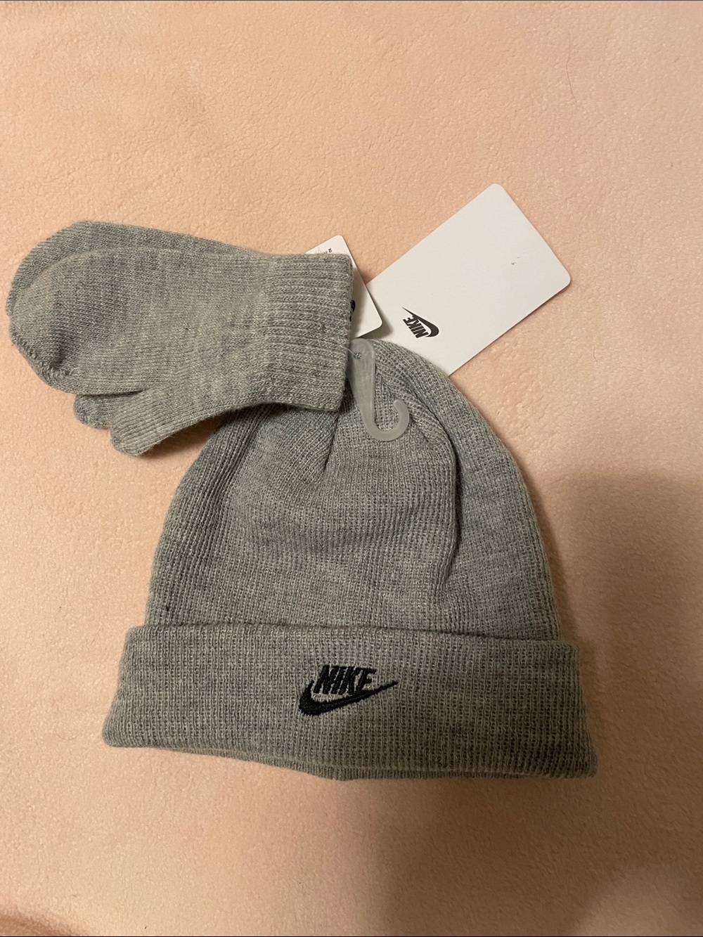Nike Gray Knit Cuffed Beanie with Matching Mittens for Kids